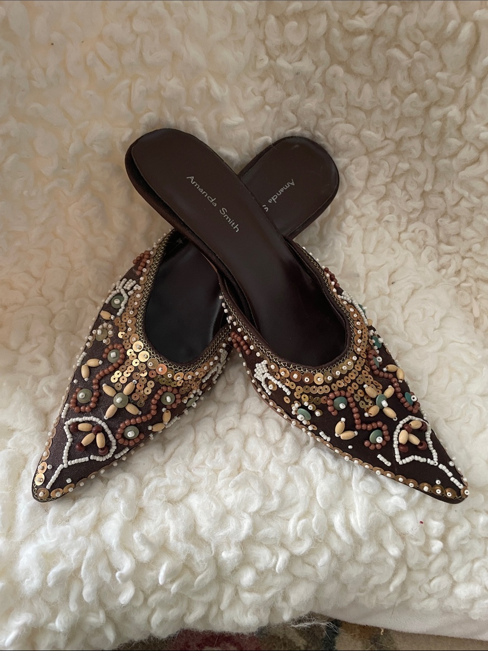 Amanda Smith Brown Beaded Pointed-Toe Mules with Multicolor Accents